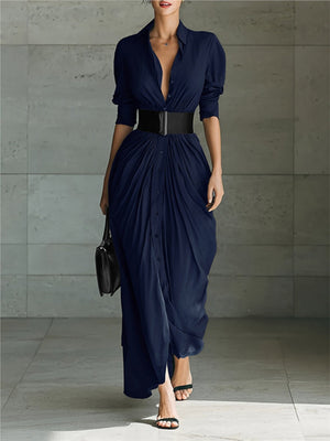 Simple Shirt Dress Pleated Shirt Collar Belted Maxi Dress