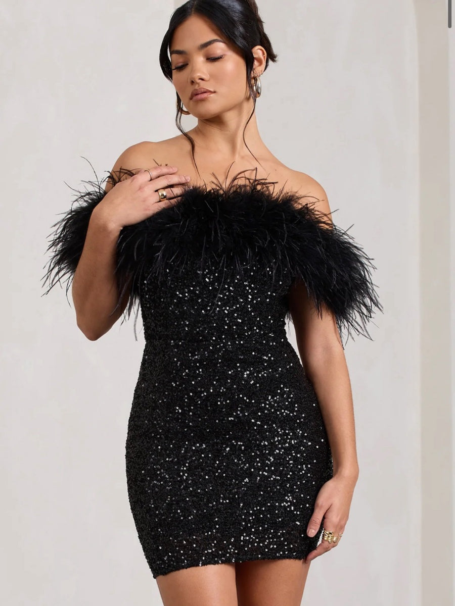 Strapless Feather Sequins Splicing Off Shoulder Dinner Short Dress For Cocktail Party