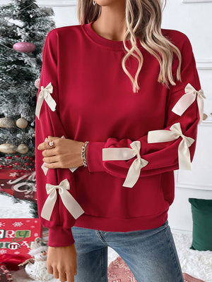 Sweet Red Round Neck Long-sleeved Christmas Bow Bottoming Top Sweatshirt