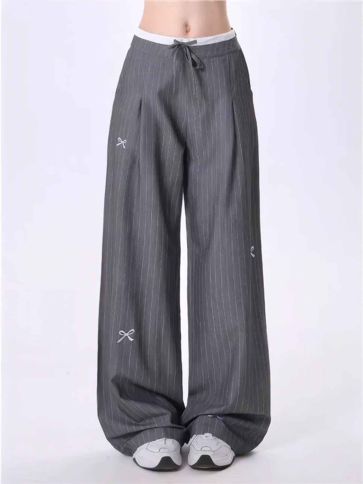 Striped Bow Tie Wide-leg Pants Casual High-waist Straight Gray High-end Summer Suit Trousers