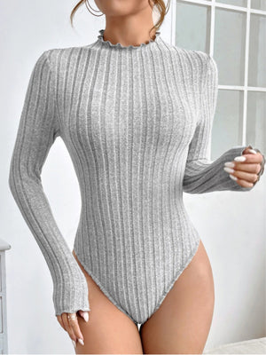 Wavy Stand Collar Brushed Ribbed Long-sleeved Knit Bodysuit Top