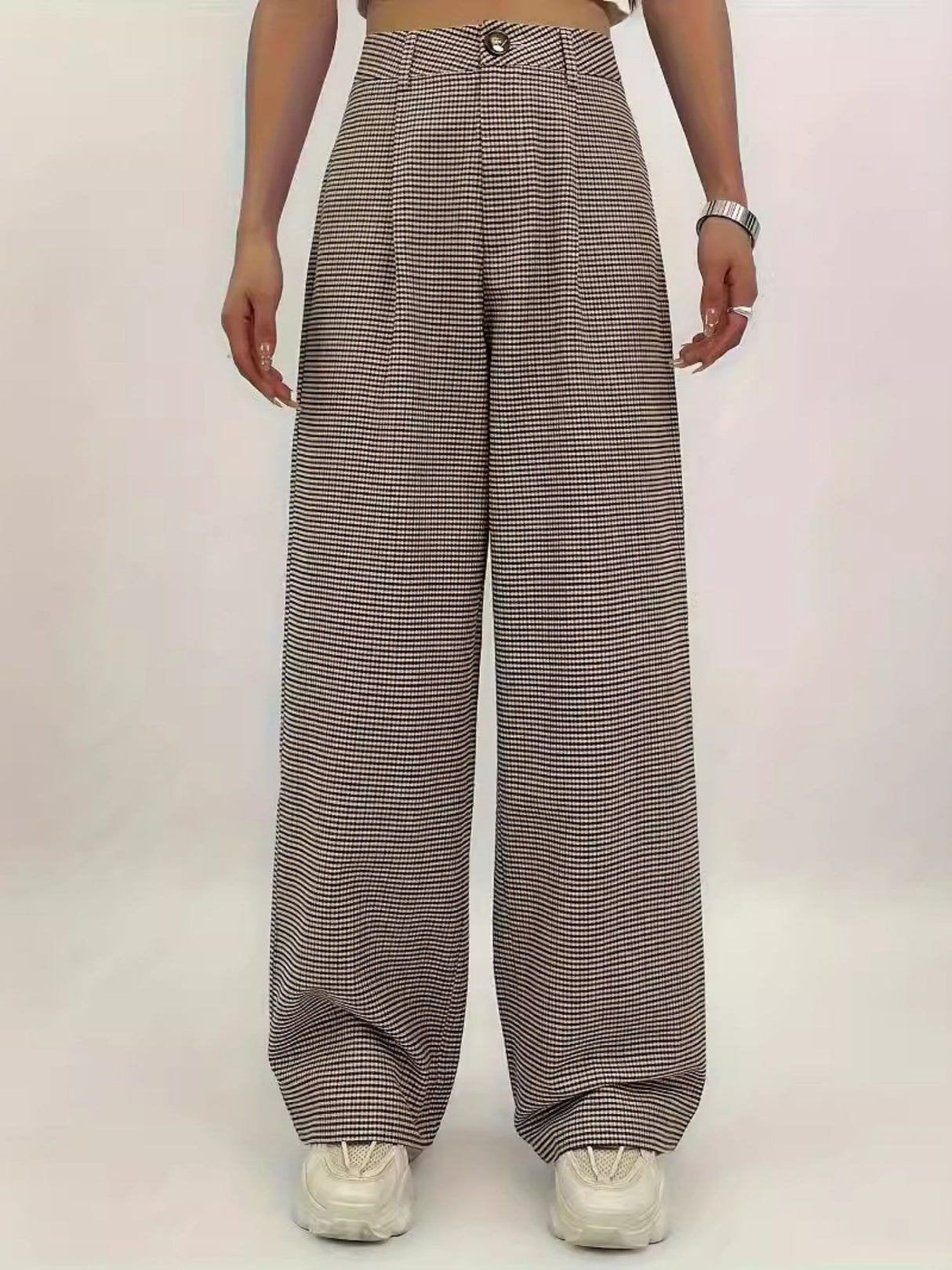 Plaid Print Button Pleated High Waist Loose Straight Casual Plaid Pants