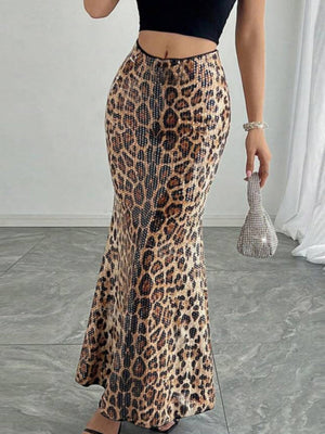 Leopard Print Sequins Stretch Skirts