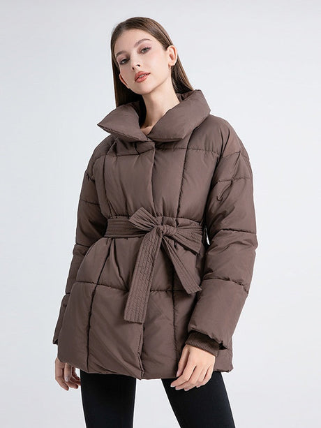 Stand Collar Tie Button Down Mid-length Warm Coat