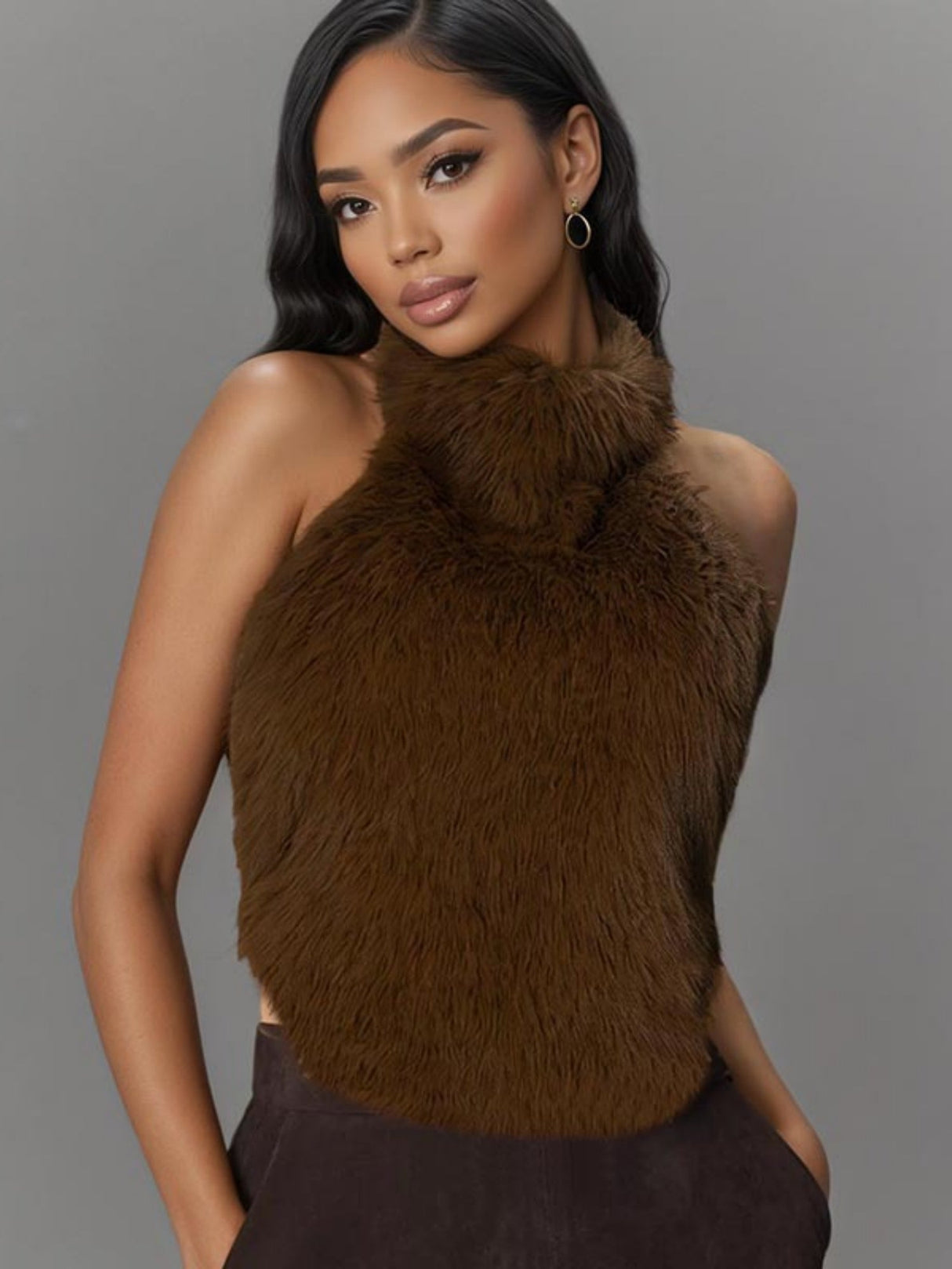 Furry Turtleneck Big Backless Halter Top Tank Tops&Camis