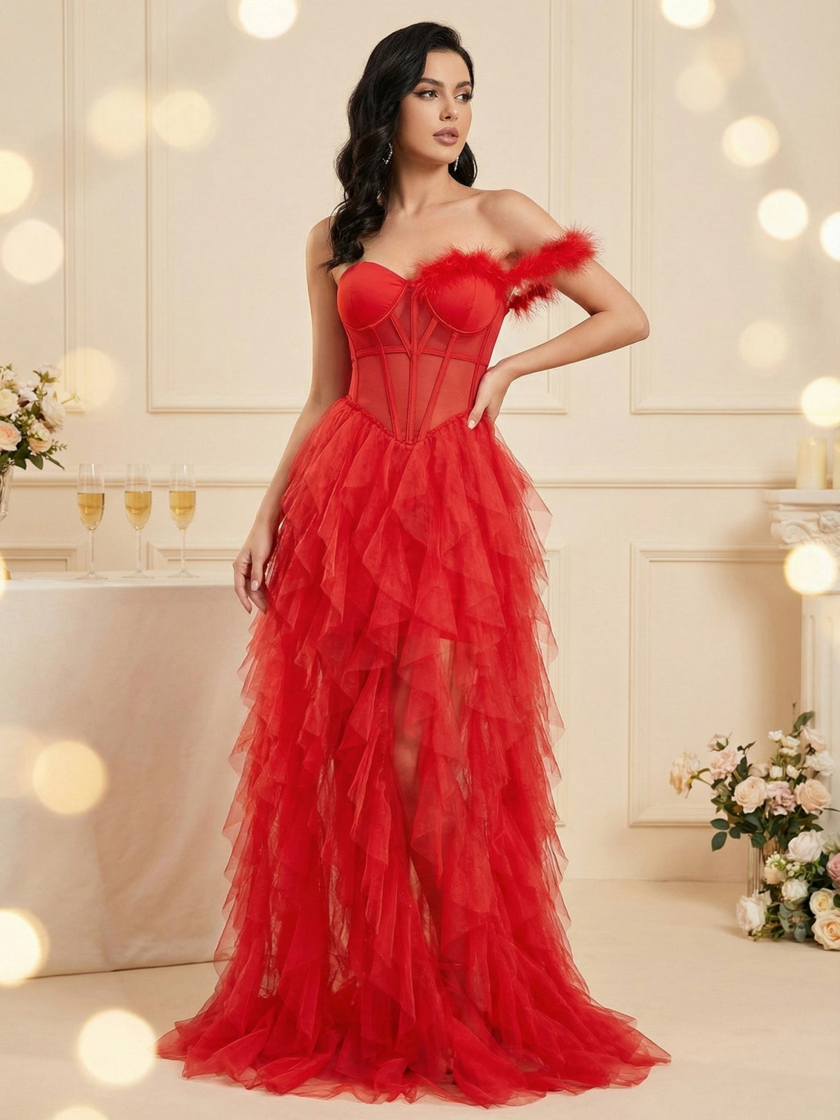 Ärmelloses, trägerloses Top mit Federapplikationen, durchsichtige Maxikleider aus Mesh