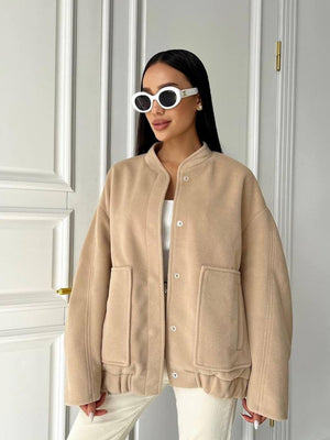 Stand-up Collar, Large Pockets, Button-down, Solid Color Autumn/winter Long-sleeved Jacket