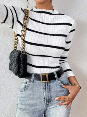 Stand Collar, Long Sleeve, Black And White Striped Brushed Ribbed Knit T-shirt/sweater