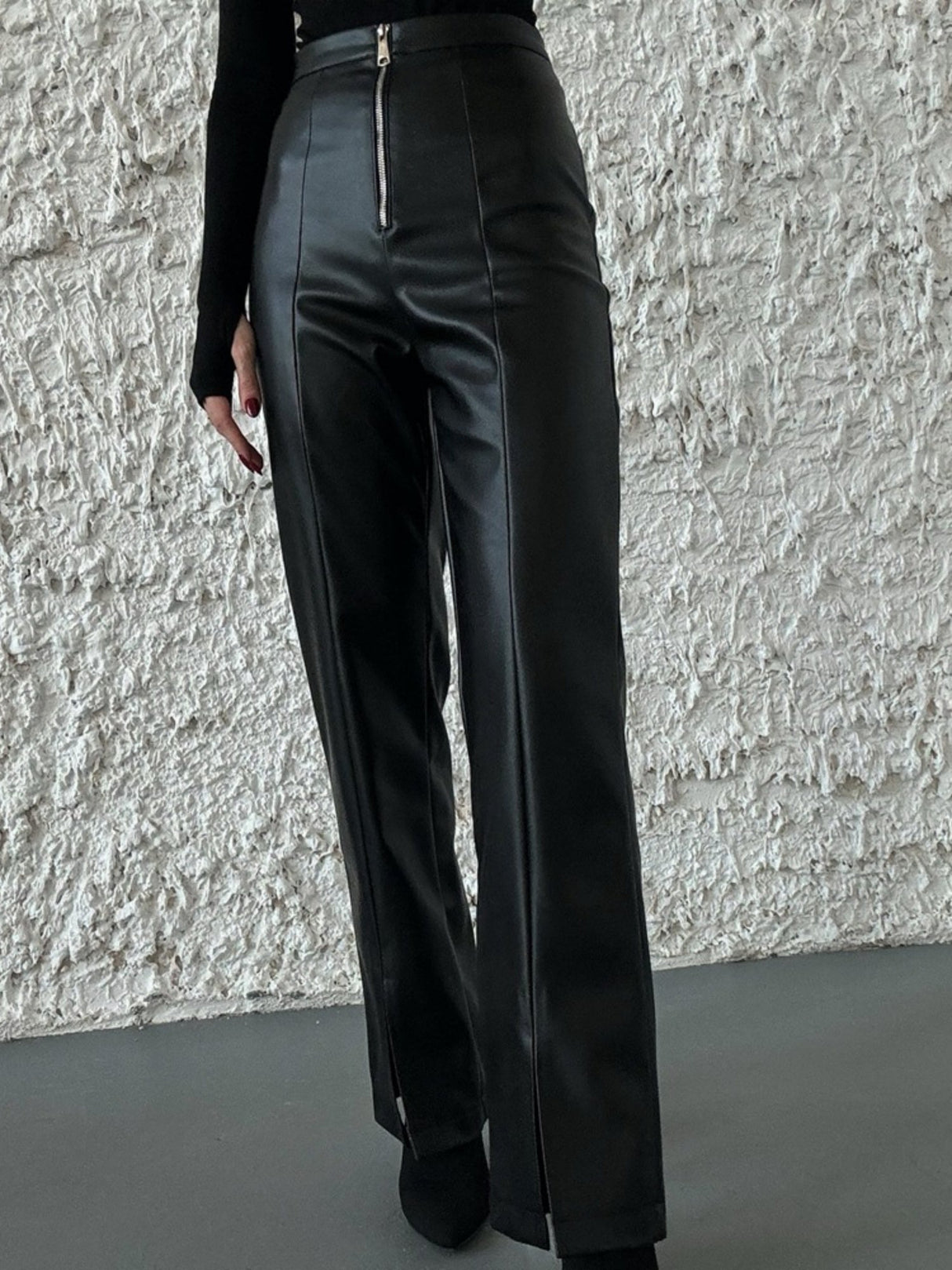 Leather Stitching Buttons High-waisted Slit Straight-leg Pants Pants