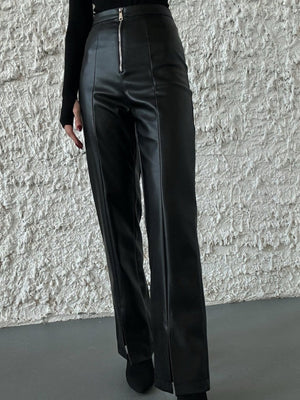 Leather Stitching Buttons High-waisted Slit Straight-leg Pants Pants