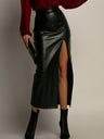 Leather Stitching High-waisted Side Slit Long Skirts