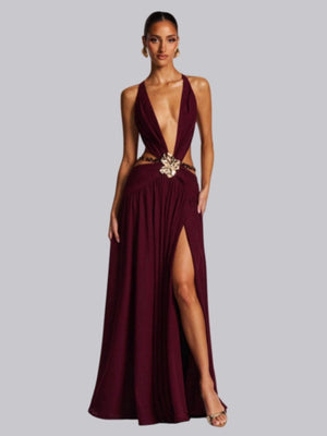 Halter Neck Deep V Lace-up Backless Sexy High Slit Metal Decoration Maxi Dresses