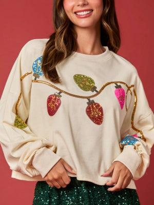 Women's Christmas Bell Sequin Top Casual Long Sleeve Short Pullover Sweatshirt