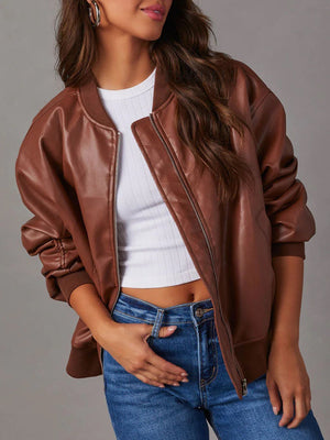 PU Leather Crew Neck Zip-up Baseball Jacket, Autumn/winter Long-sleeved Jacket, Leather Coat