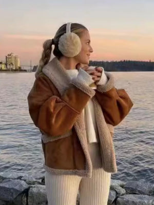 Lapel Pocket Button Wool Coat With Fur Trim, Long Sleeves, Autumn And Winter Coat