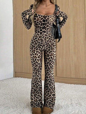 Liber Leopard Print Hip Wrap Square Collar Bell-bottoms Long-sleeved Bodysuit/pants