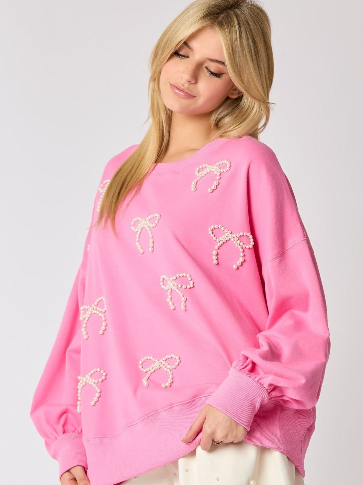 Christmas Pearl Bow Long Sleeve Top Casual Sweatshirt