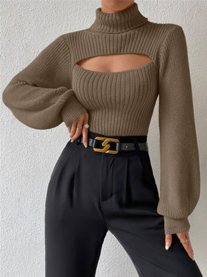 Turtleneck Hollow Out Balloon Sleeve Knitted Sweater
