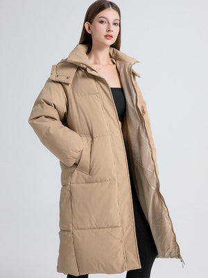 Hooded Zippered Extended Knee-length Down Jacket Thickened Coat