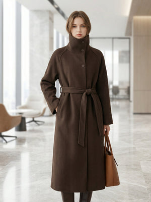 Waist-cinching Wool Coat Stand-up Collar Tie Coats