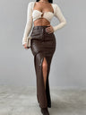 Leather Stitching High-waisted Slim Fit Hip Body Slit Long Skirts