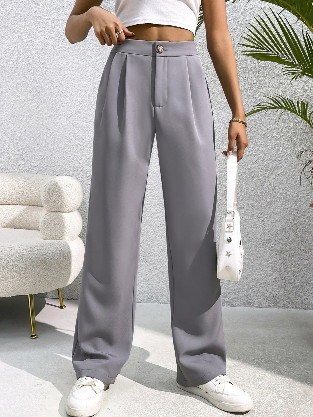 Pleated Suit Wide-leg Pants For Women High Waist Drape Loose Straight Floor-length Trousers