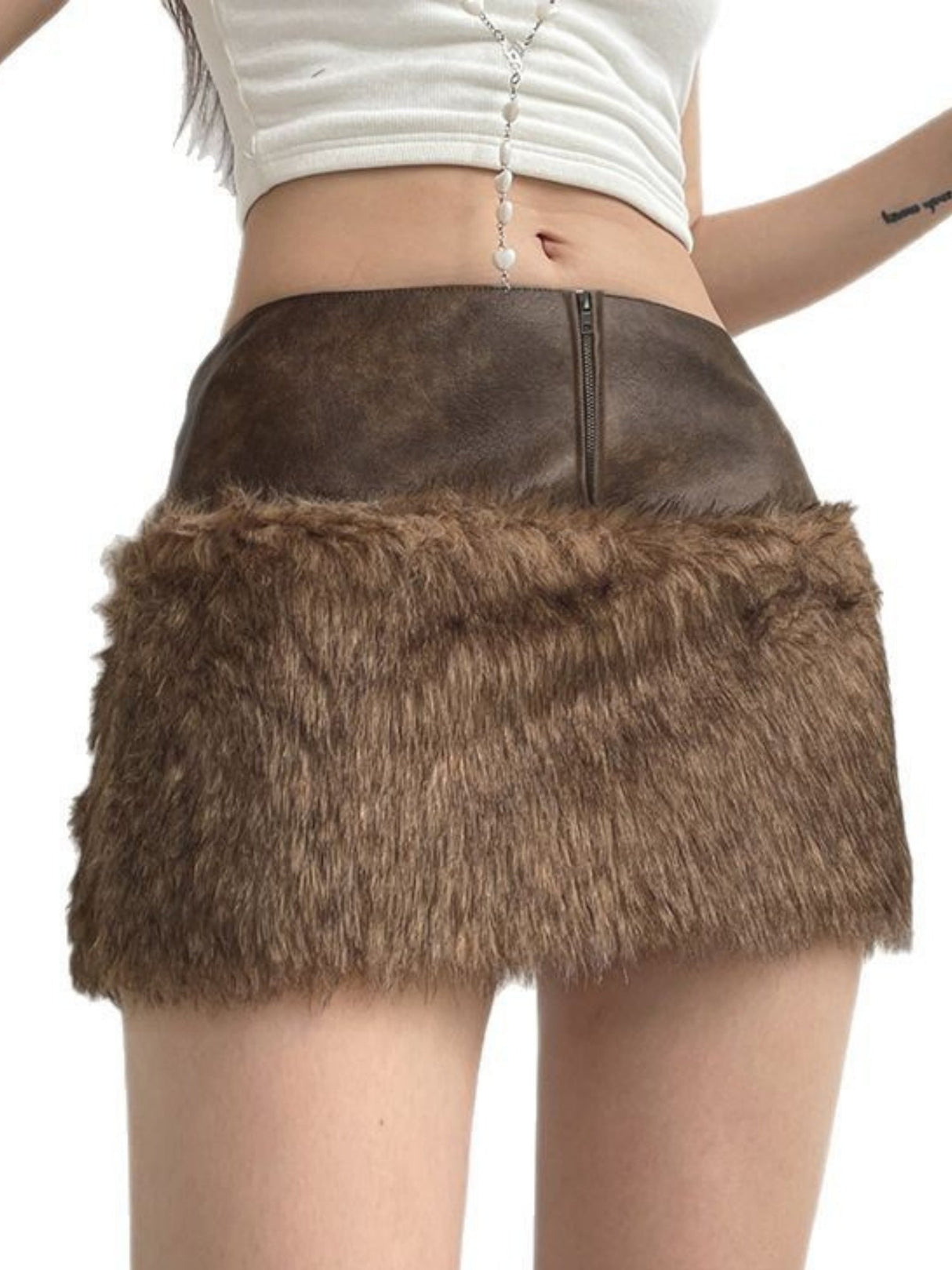 Furry Patchwork Zipper Leather Stitching Low-rise Skirts
