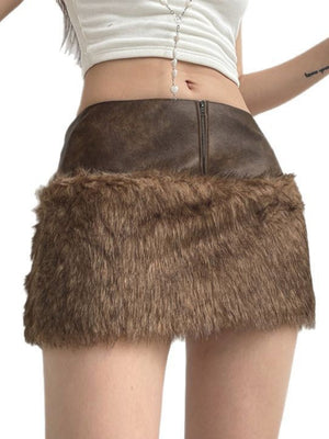 Furry Patchwork Zipper Leather Stitching Low-rise Skirts