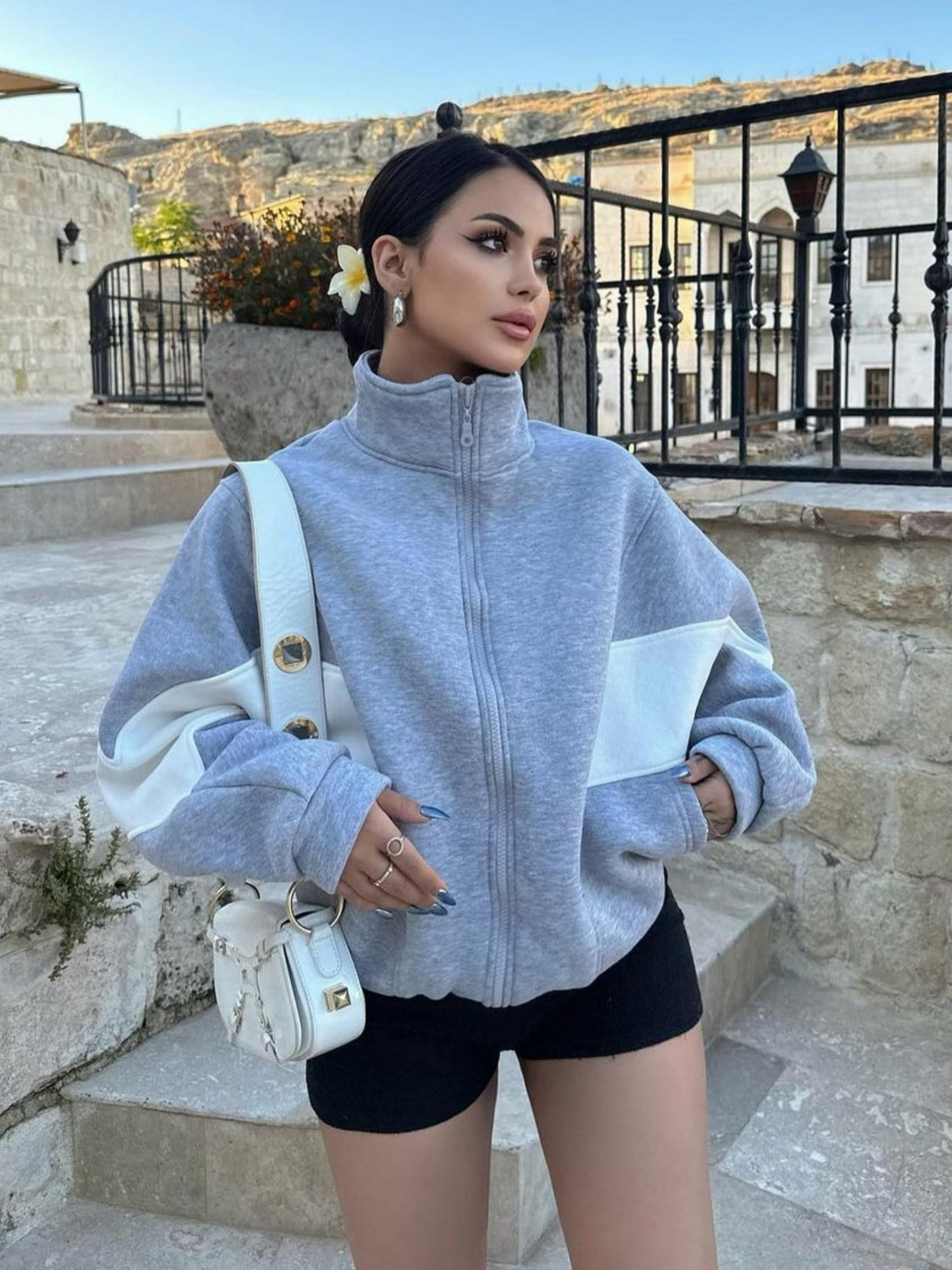 Color-blocked Stand-up Collar Zip-up Autumn/winter Long-sleeved Jacket