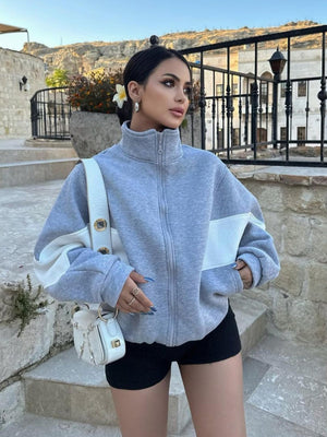 Color-blocked Stand-up Collar Zip-up Autumn/winter Long-sleeved Jacket