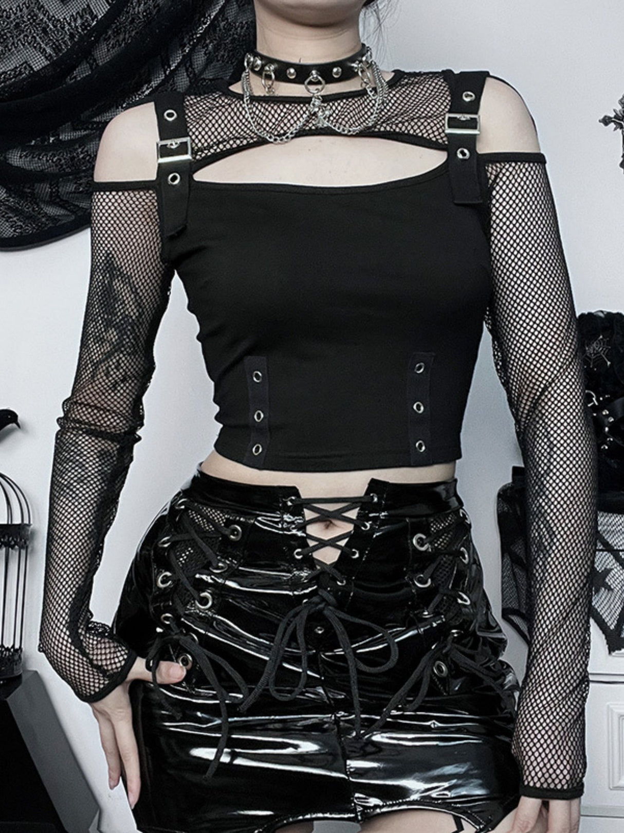 Y2K Hollow Out Off-shoulder Grid Splicing Long-sleeved T-shirt