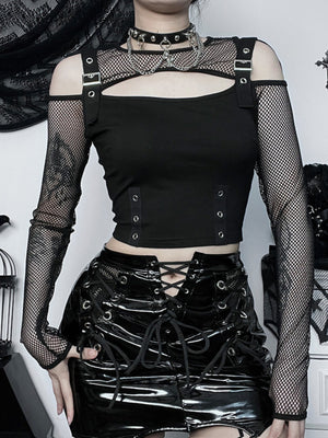 Y2K Hollow Out Off-shoulder Grid Splicing Long-sleeved T-shirt