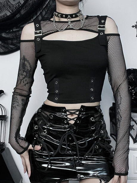 Y2K Hollow Out Off-shoulder Grid Splicing Long-sleeved T-shirt