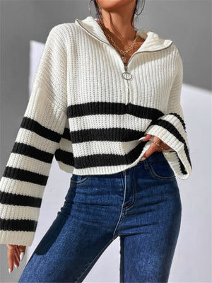 Striped Color Blocking Stand-up Collar Zipper Knitted Sweater