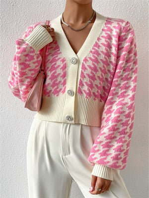 Houndstooth Balloon Sleeve Knitted Cardigan Sweater