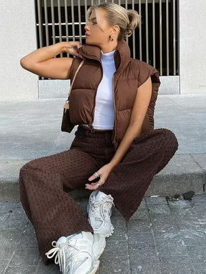 Sleeveless Zipper Stand Collar Vest Jacket Down Vest