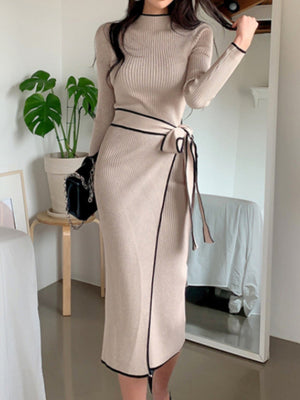 Half-high Collar, Ribbed, Slim-fitting, Color-blocked Mid-length Knitted Dress With Ties