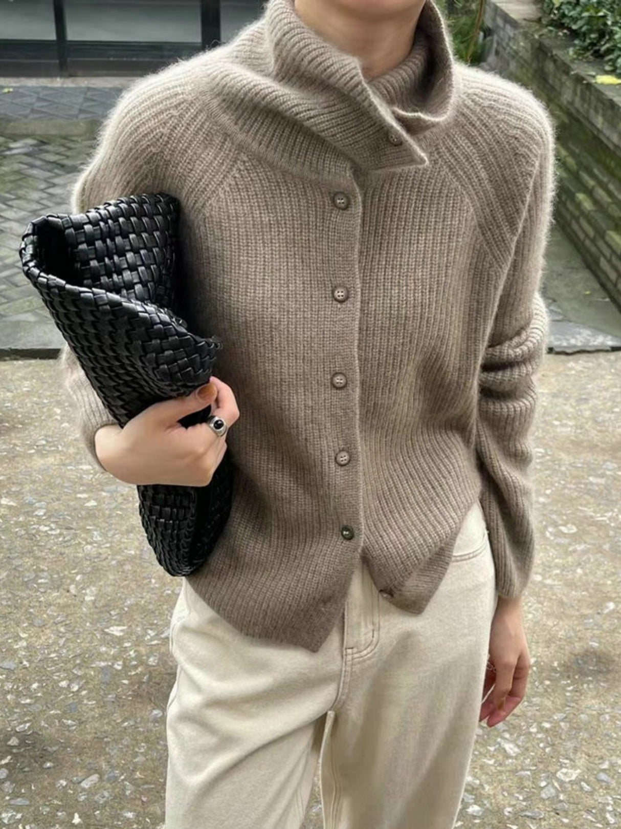 Liber Stand-up Collar Buttons Fine Pitting Solid Color Cardigans