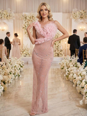 Robe de soirée maxi moulante à dos nu transparent ornée de strass scintillants et de fleurs 3D, col rond.