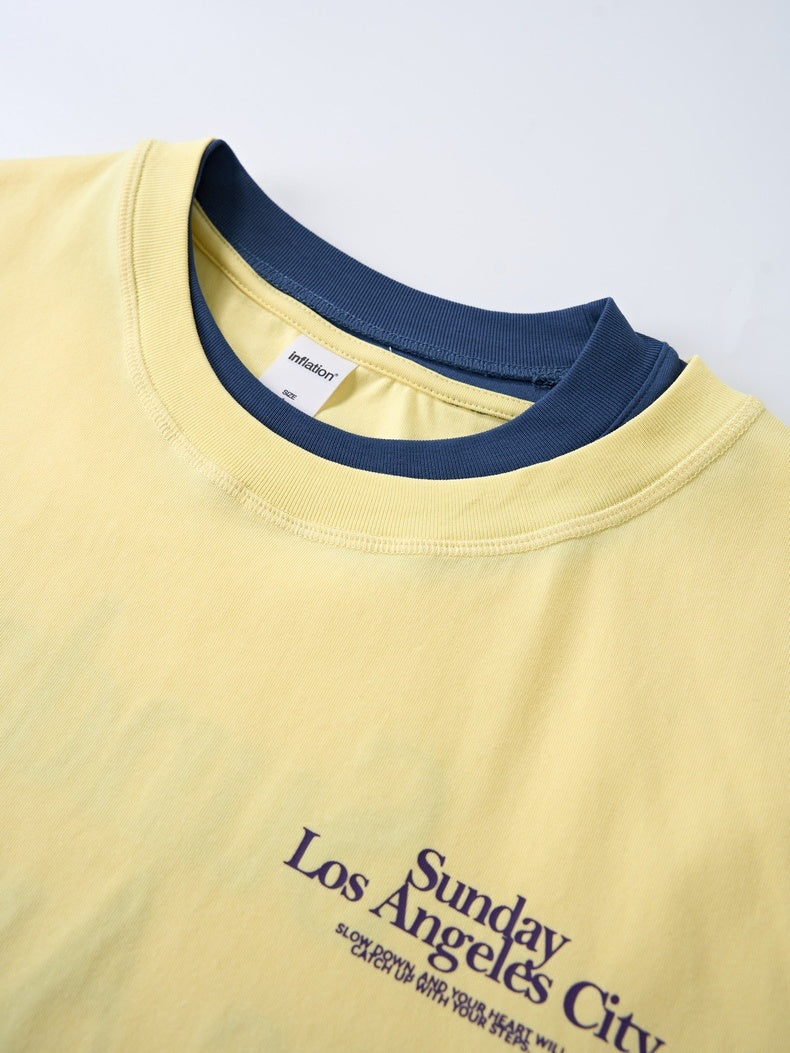 Color-blocked Double Collar Printed T-shirts