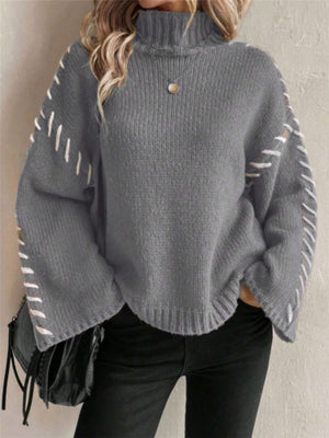 Turtleneck Contrasting Colors Solid Color Knitted Sweater