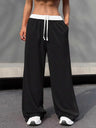 Contrast Color Lace-up High Waist Pocket Wide Leg Long Casual Sweatpants Thick Trousers