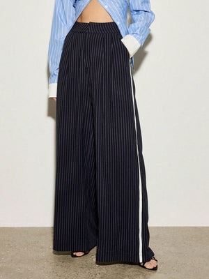 Striped Contrasting High Waist Commuter Women's Navy Blue Suit Trousers