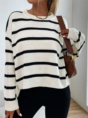 Crew Neck Stripes Contrasting Colors Knitted Sweater