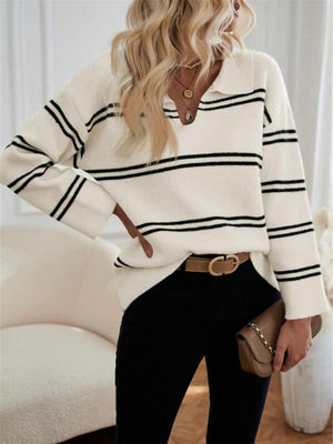 V-neck Striped Color Blocking Polo Shirt Sweater