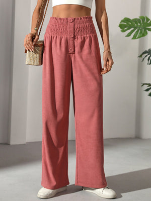 Ruffled Waistband Button High Waist Straight Leg Casual Elegant French Women's Trousers