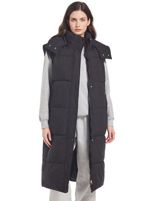 Hooded Zipper Button Vest Long Knee-length Vest Slim Waist Down Vest Jacket