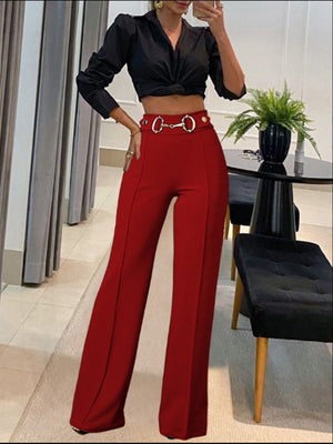 Metal Decoration Pleated High-waisted Straight Tube Pants