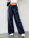 Side Stripes Elastic Waist Drawstring High Waist Casual Straight-leg Sports Trousers