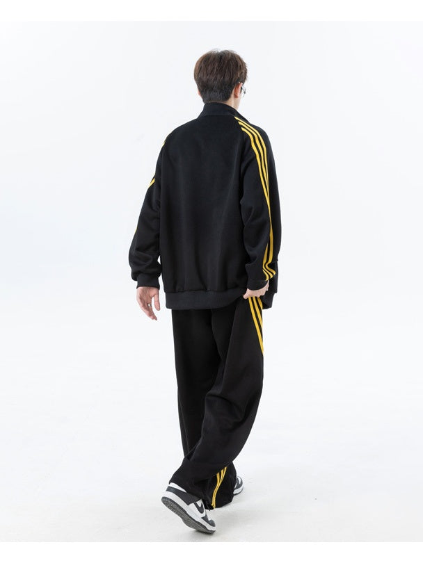 Color-blocked Stripes Straight-leg Trousers Sweatshirts Cardigan Set